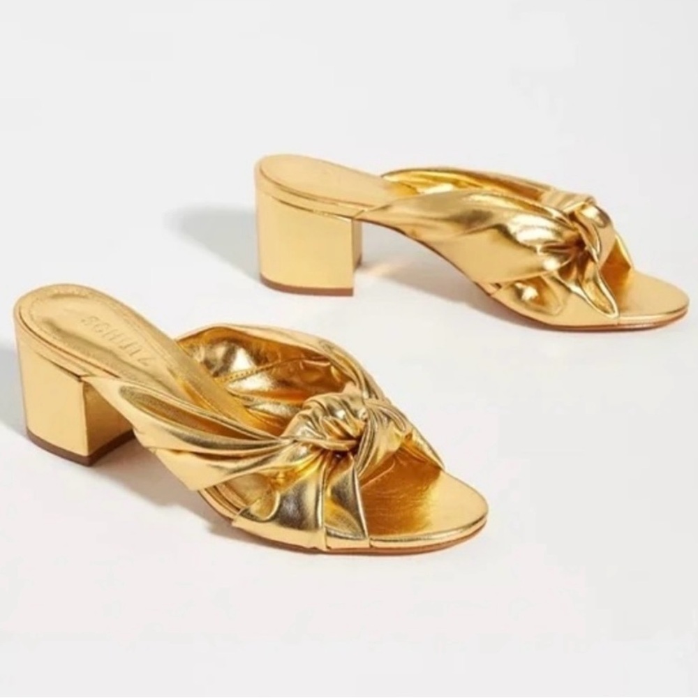SCHUTZ Metallic Gold Block Heel Sandals